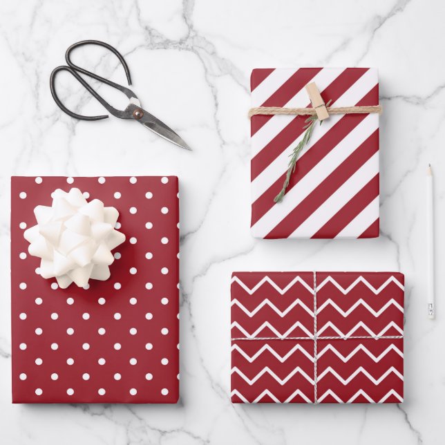 Stripes Polka Dot Zig Zag Patterns Red White Wrapping Paper Sheet (Front)