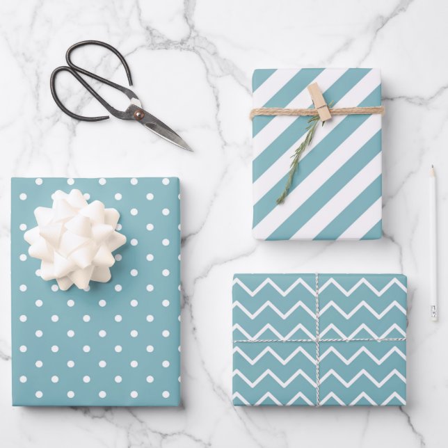 Stripes Polka Dot Zig Zag Patterns Teal Blue Wrapping Paper Sheet (Front)