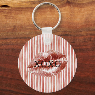 Stripes Red Lips Kiss XOXO Keychain
