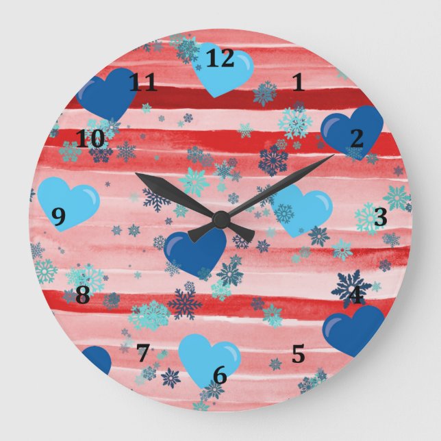 Stripes Red & White Hearts & Snowflakes Large Clock (Front)