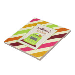 Stripes & Retro Green Stove Kitchen Tile<br><div class="desc">A kitchen tile featuring an illustration of a retro green stove over a background of pink,  green,  orange,  burgundy,  and gold diagonal stripes.  Personalize with your name.</div>