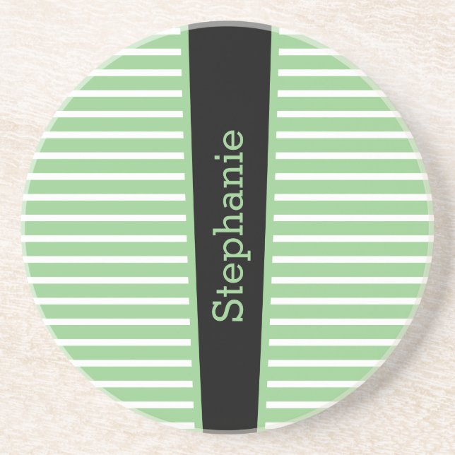Stripes Sage Green Black White Custom Name Cute Coaster (Front)