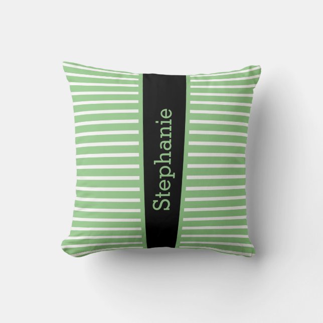 Stripes Sage Green Black White Custom Name Cute Throw Pillow (Front)