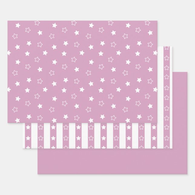 Stripes & Stars Pattern Pink Wrapping Paper Set (Set)