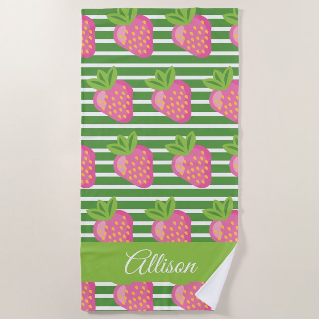 Stripes & Strawberries Personalized Beach Towel (Front)