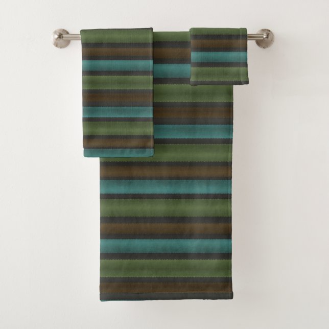 Stripes Teal yellow Brown Grey Bath Towel Set (Insitu)