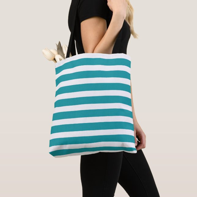 Stripes Turquoise and White  Tote Bag (Close Up)