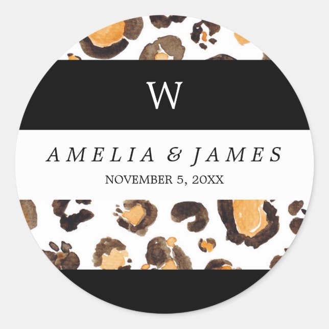 Stripes Watercolor Leopard Spots Wedding Monogram Classic Round Sticker (Front)