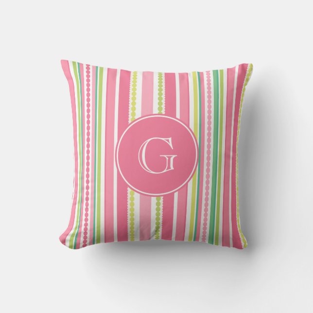 Stripey beads pink and green monogram throw pillow (Front)