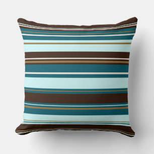 Stripey Design Brown Teals Cream & Gold Throw Pillow