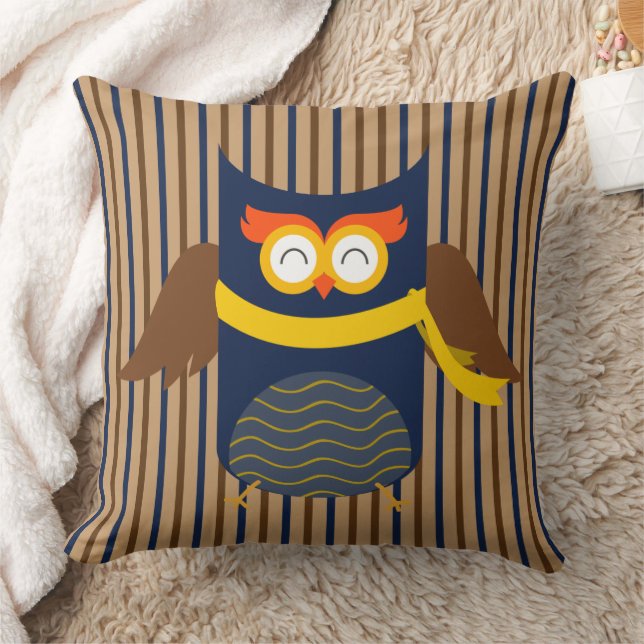 Stripey Owl Cotton Throw Pillow, 20" x 20" Throw Pillow (Blanket)