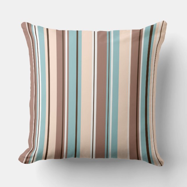Stripey Vertical Design Browns Blue Cream & White Throw Pillow (Front)