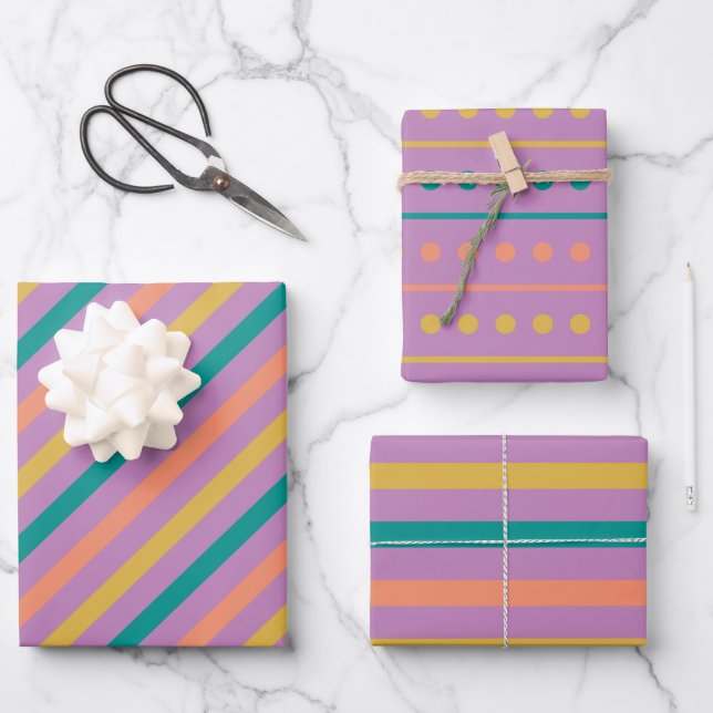 Stripped Dots Rosy Purple Green and Mustard  Wrapping Paper Sheet (Front)
