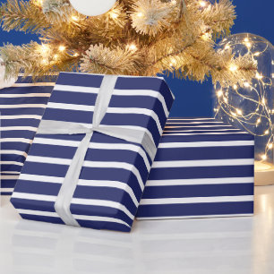 Stripped navy blue & white stripes elegant chic wrapping paper