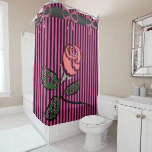 Stripped pink bow  black floral showercurtain