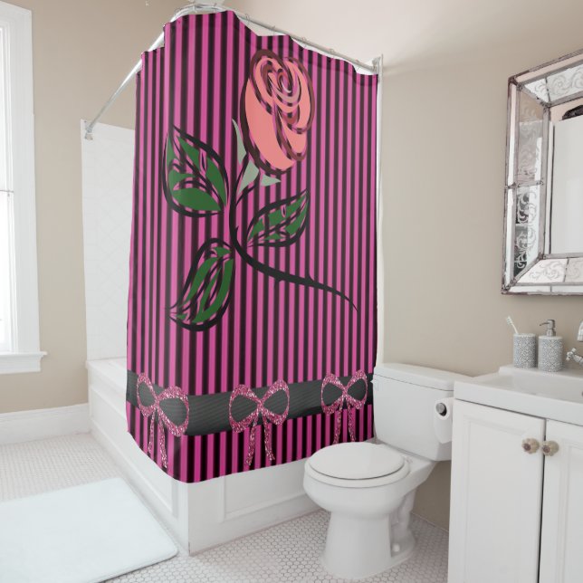 Stripped pink bow black floral showercurtain (In Situ)