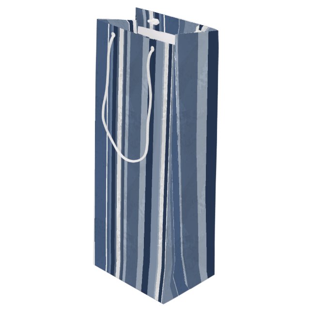 Strips of Blue and white Wine Gift Bag (Front Angled)