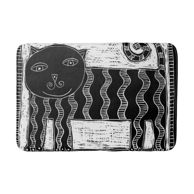 Stripy Black and White Cat Illustration Bath Mat (Front)