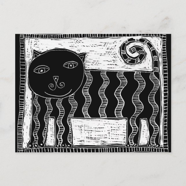 Stripy Black and White Cat Illustration Postcard (Front)