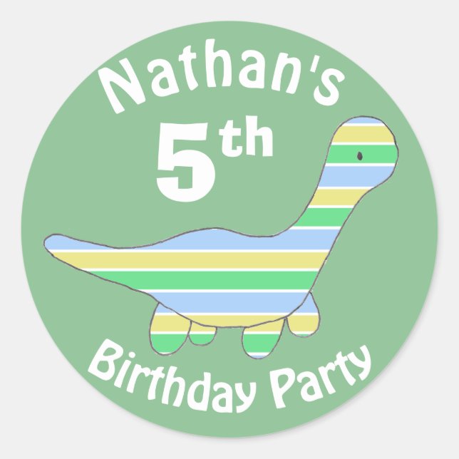 Stripy Dinosaur Green Custom Kids Birthday  Classic Round Sticker (Front)