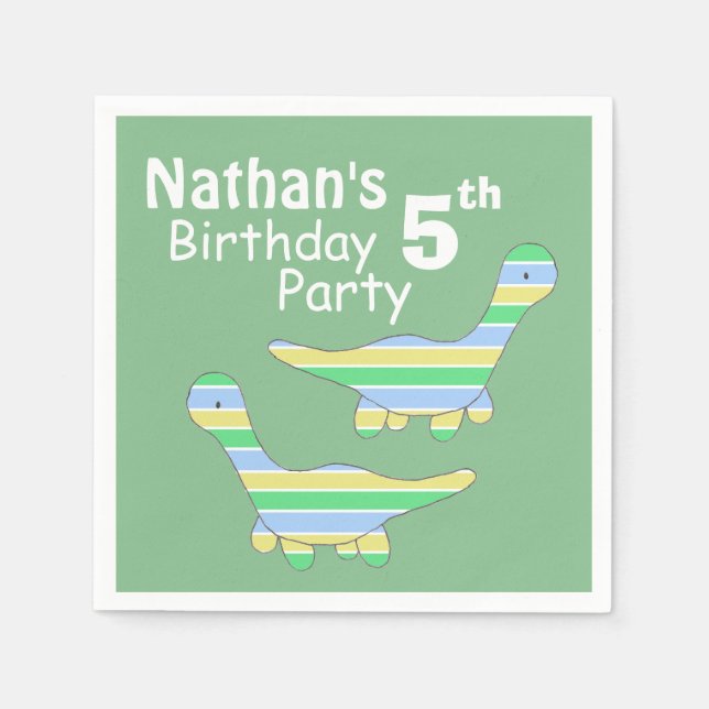 Stripy Dinosaur Green Custom Kids Birthday Napkin (Front)
