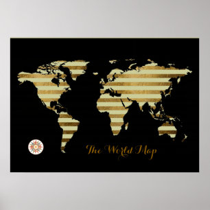 stripy golden colour world map poster