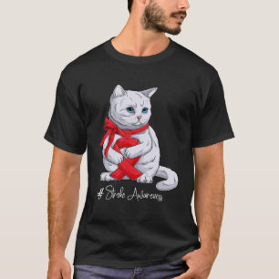 Stroke Awareness Month Red Ribbon Cat T-Shirt