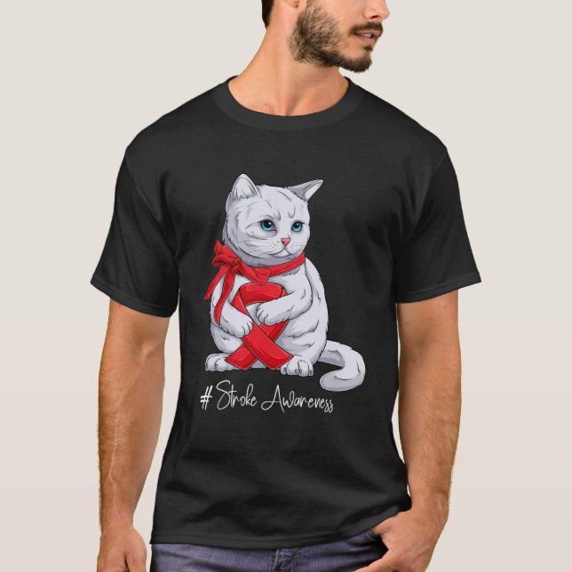 Stroke Awareness Month Red Ribbon Cat T-Shirt (Front)
