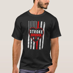 Stroke Survivor Red Ribbon Usa Flag Dad Mom Stroke T-Shirt