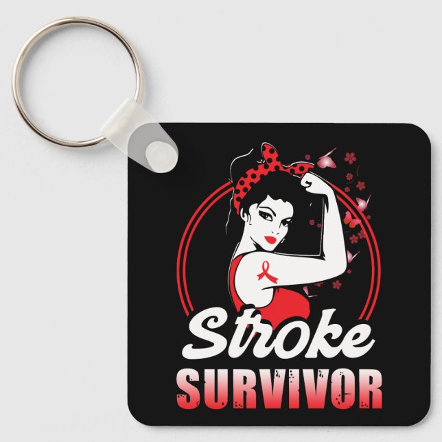 Stroke Survivor Stroke Awareness Red Ribbon Brain  Keychain (Front)