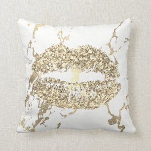 Strokes Gold Glitter Kiss Lips Makeup White Marble Throw Pillow