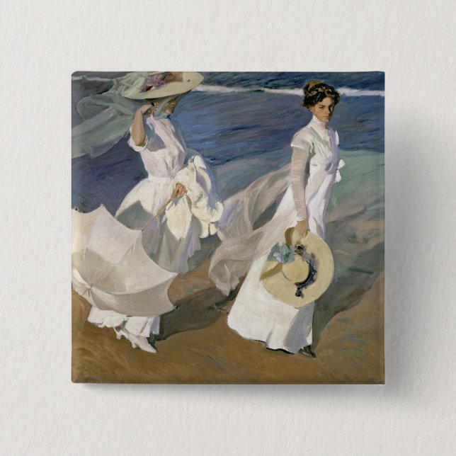 Strolling along the Seashore, 1909 2 Inch Square Button (Front)