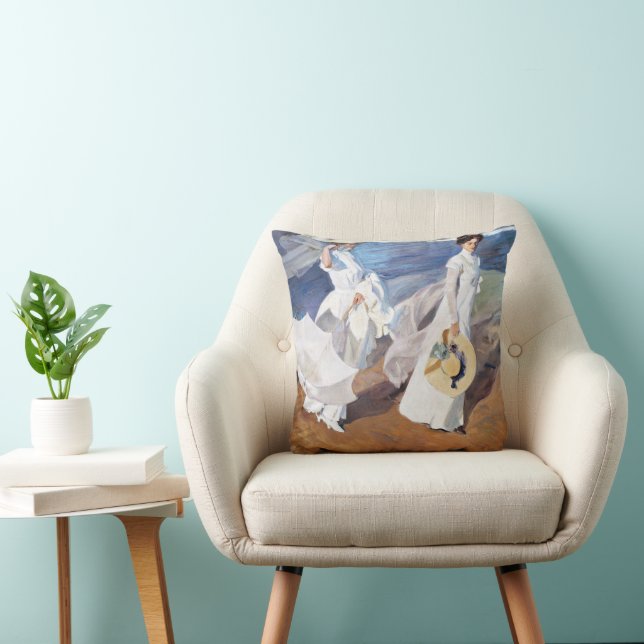 Strolling along the Seashore by Joaquin Sorolla Throw Pillow (Chair)