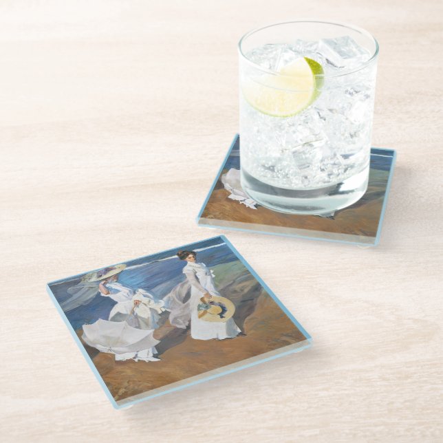 Strolling along the Seashore, Joaquín Sorolla  Glass Coaster (Angled)