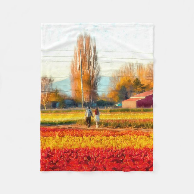 Strolling Through Gold and Red Tulip Fields Fleece Blanket (Front)