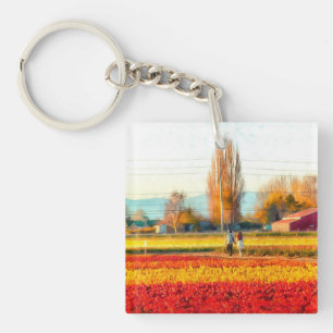 Strolling Through Gold and Red Tulip Fields Keychain