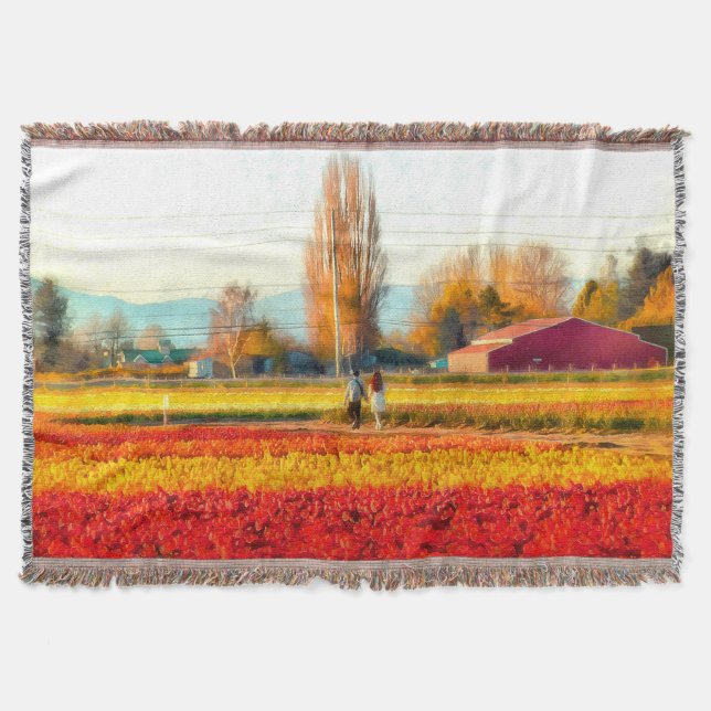 Strolling Through Gold and Red Tulip Fields Throw Blanket (Front)