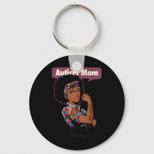 Strong Autism Mom Awareness Afro Mother Black Woma Keychain