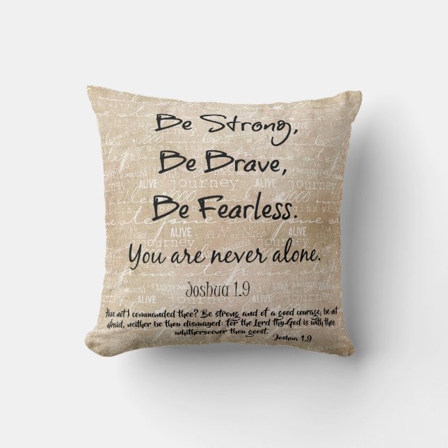 Strong, Brave, Fearless Quote with Bible Verse Throw Pillow (Front)