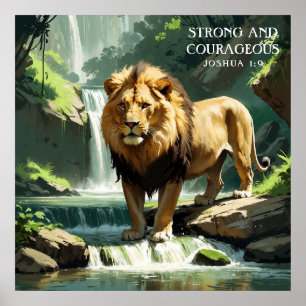 Strong Lion in Nature Waterfall Faith Painting Poster