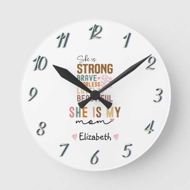 Strong Mom Retro Script Groovy Mother's day  Round Clock (Front)