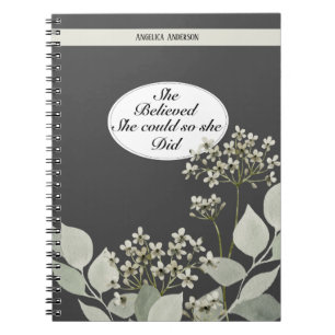 Strong quote and custom name floral notebook