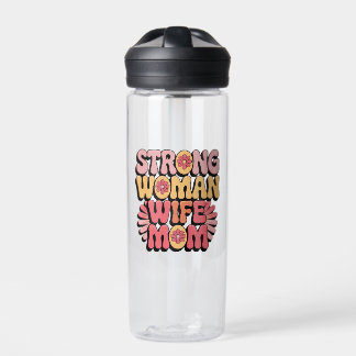 Strong Woman Wife Mom Retro Floral Typography Water Bottle