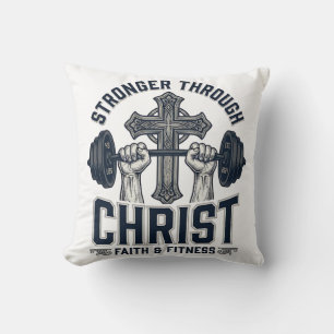 Stronger Through Christ Christian Gym T-Shirt Throw Pillow