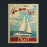 Stuart Sailboat Vintage Travel Florida Postcard<br><div class="desc">This Greetings From Stuart Florida vintage travel nautical design features a boat sailing on the water with seagulls and a blue sky filled with gorgeous puffy white clouds.</div>