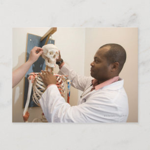 Student doctors studying anatomy on a skeleton postcard