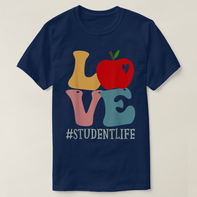 Student Love Apple Groovy Retro Cute Back To Schoo T-Shirt (Design Front)