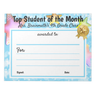 Student of the month teacher certificate award notepad