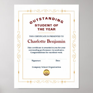 Student Of The Year Achievement Certificate Custom Poster
