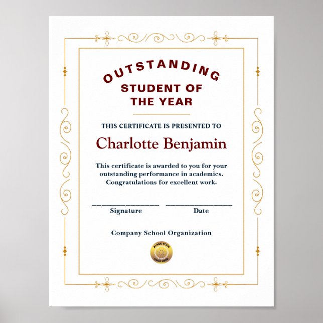 Student Of The Year Achievement Certificate Custom Poster (Front)